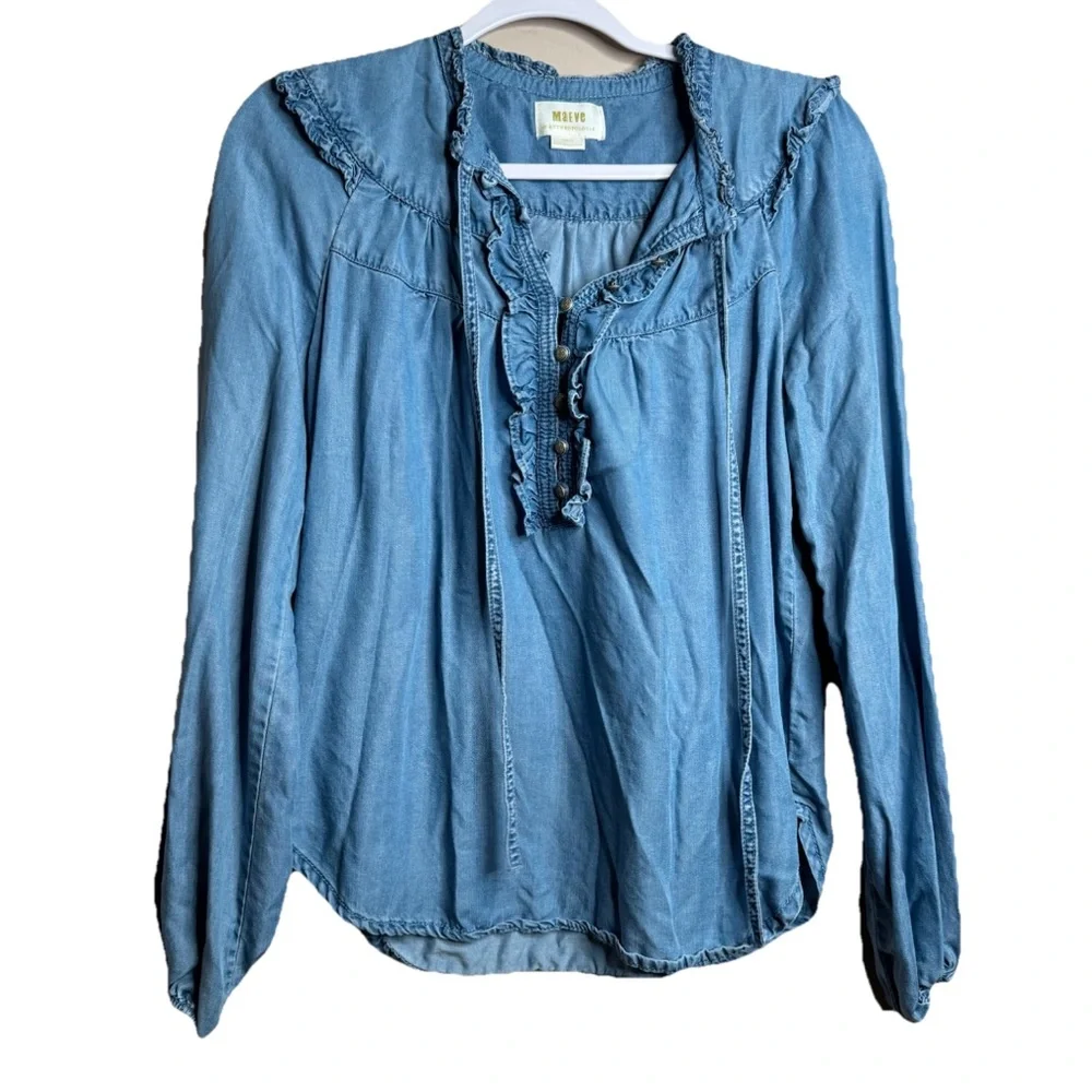 Anthropologie Maeve Chambray Light Blue Ruffle Boho Peasant Blouse Size XS C3 - Picture 2 of 10